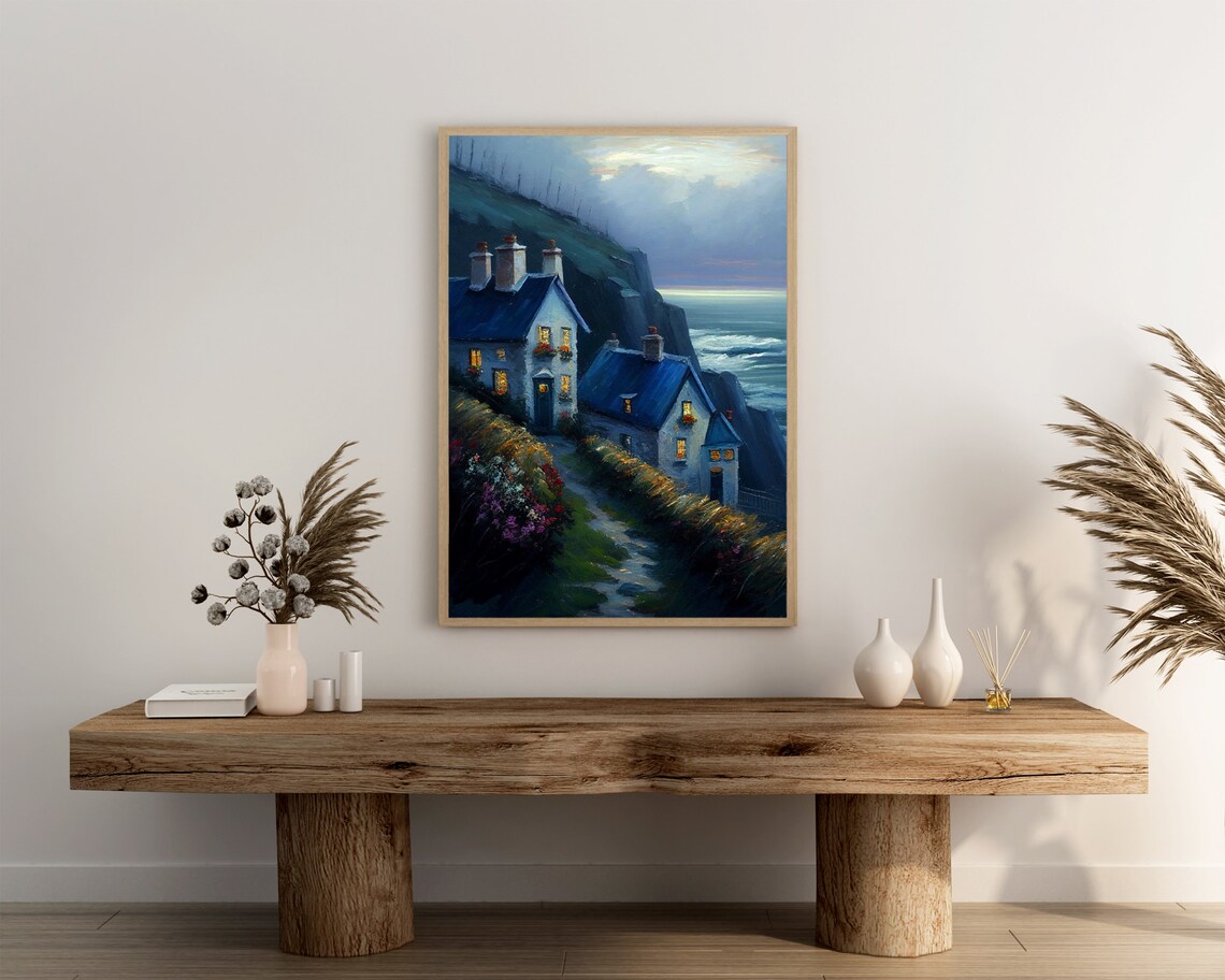 Cliffside Cottages with Glowing Windows at Dusk Oil Painting Poster - Image 3