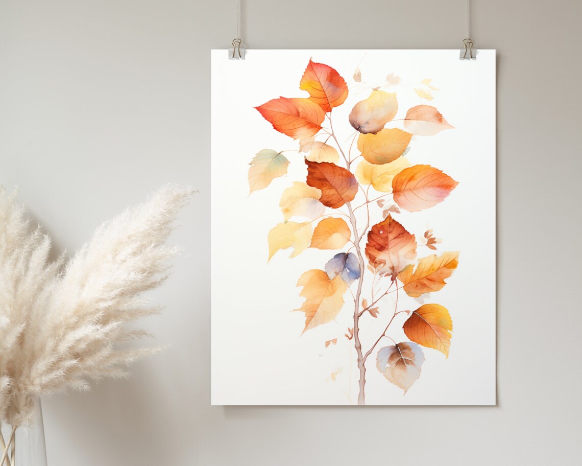 Watercolor Autumn Branch with Orange Gold Leaves Minimal Fall Botanical Poster - Image 2