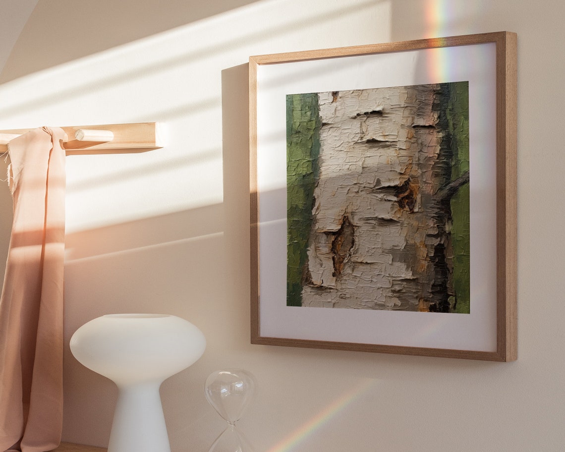 White Birch Bark Oil Painting Textured Forest Green Nature Poster - Image 3