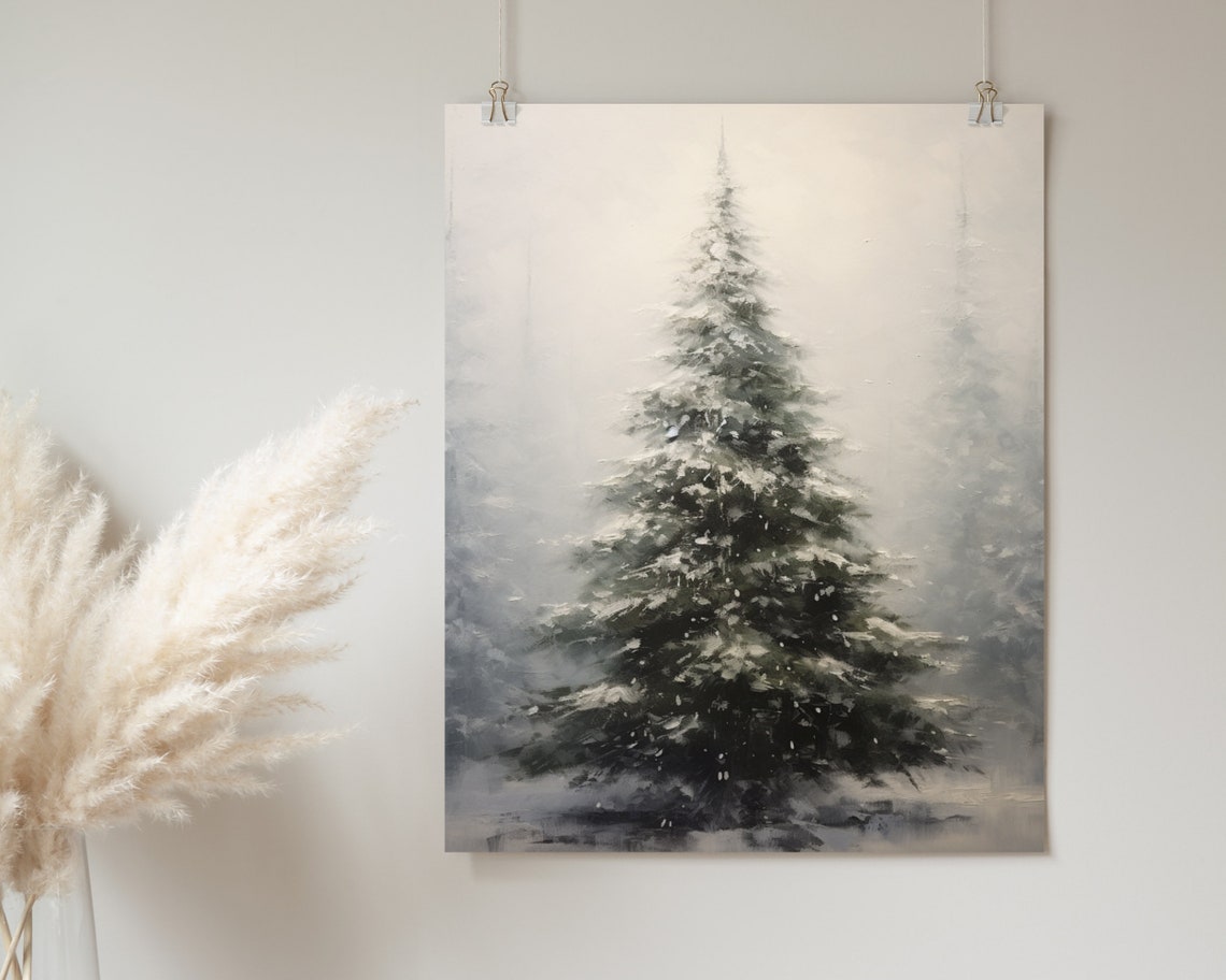 Snowy Pine Tree Misty Winter Minimalist Oil Painting Wall Poster - Image 2
