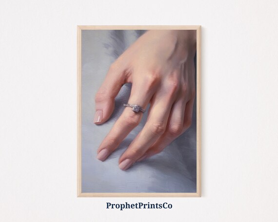 Woman Hand Diamond Ring Soft Blue Elegant Wedding Painting Poster