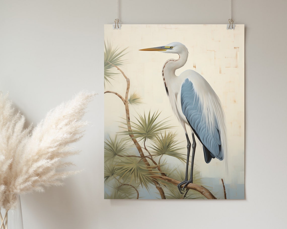 White Heron Perched On Branch Minimalist Cream Bird Art Poster - Image 2
