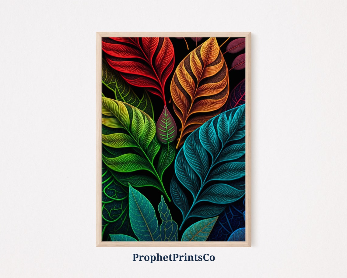 Colorful Vibrant Neon Tropical Leaves on Black Botanical Art Poster