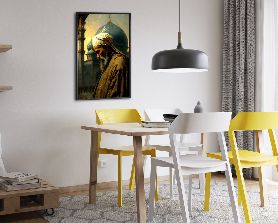 Elder with White Turban Poster Blue Dome Mosque at Dusk Oil Artwork - Image 2
