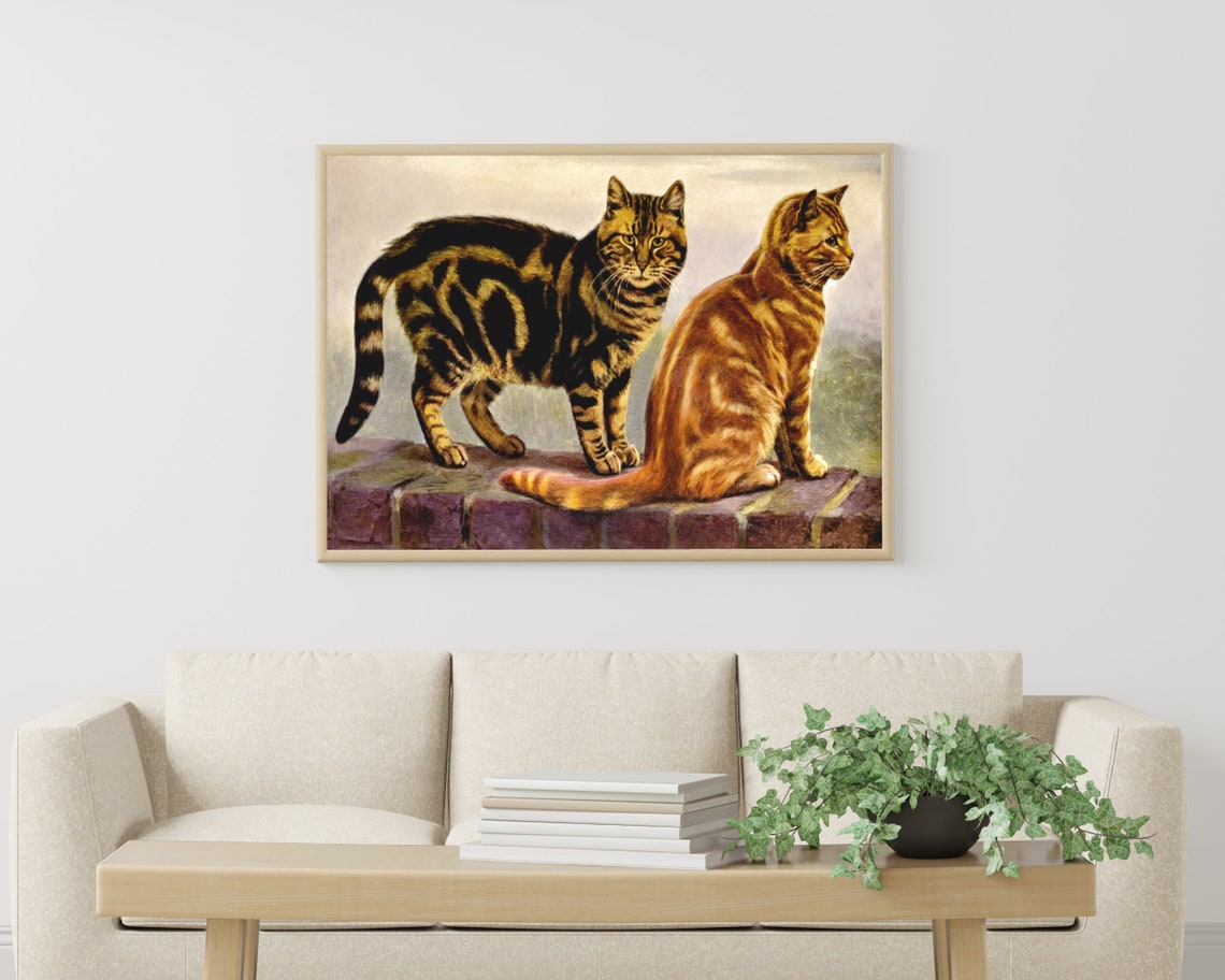Two Tabby Cats Vintage Painting Brown Ginger Feline Friends Poster - Image 3