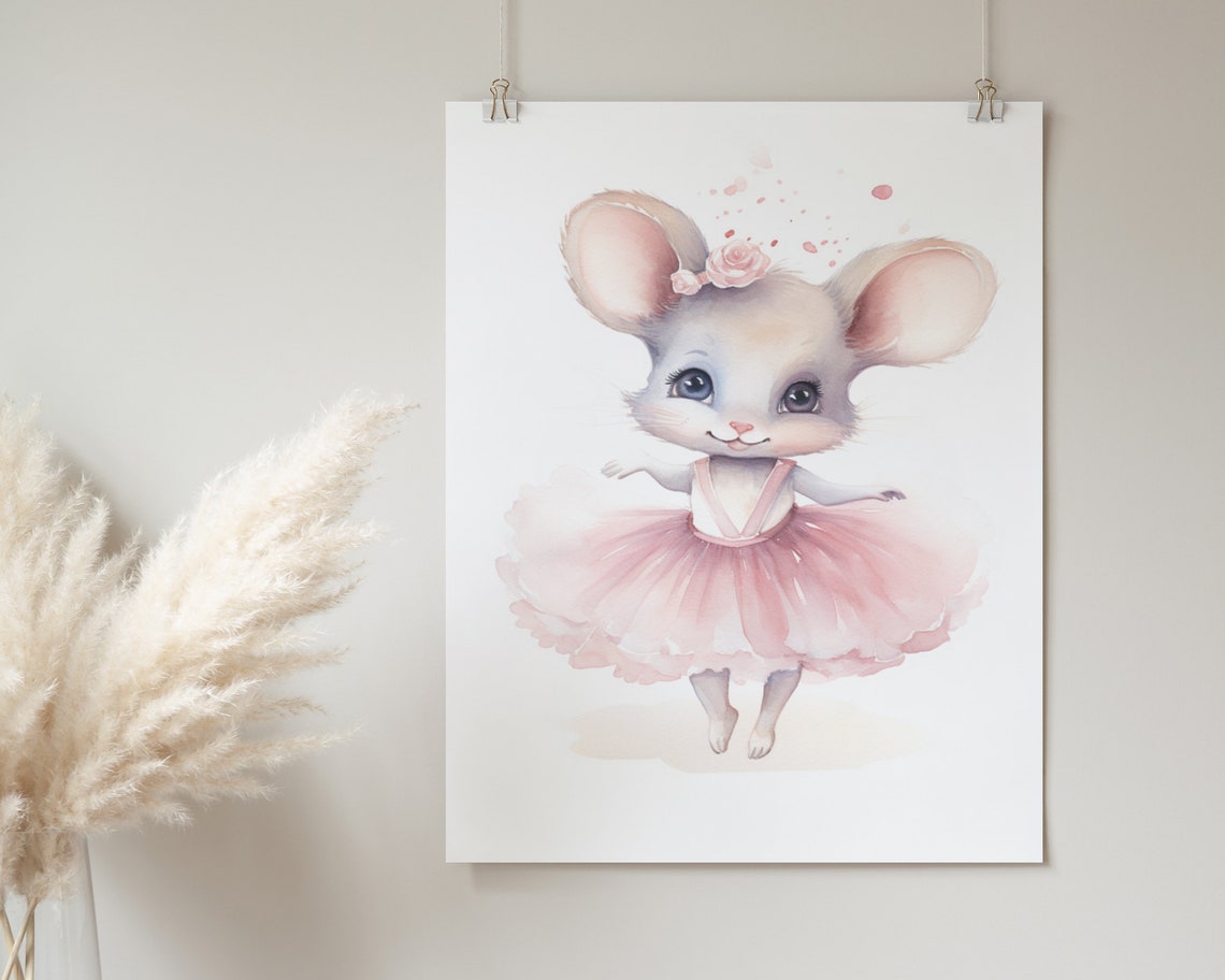 Balletcore Ballerina Mouse Pink Tutu Cute Watercolor Nursery Poster - Image 2