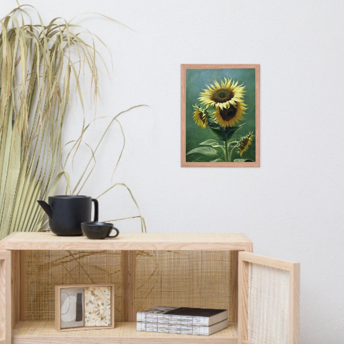 Bright Sunflowers Oil Painting Against Deep Green Vintage Poster - Image 2