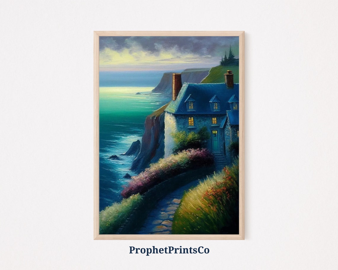 Blue Cottage on the Cliffs at Dusk with a Winding Path Poster