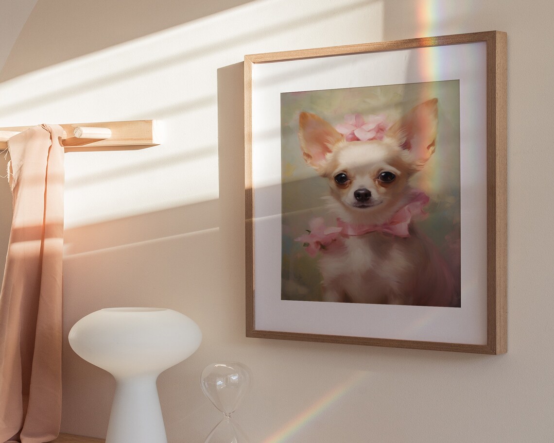 Chihuahua With Pink Bow Cute Floral Small Dog Portrait Art Poster - Image 3