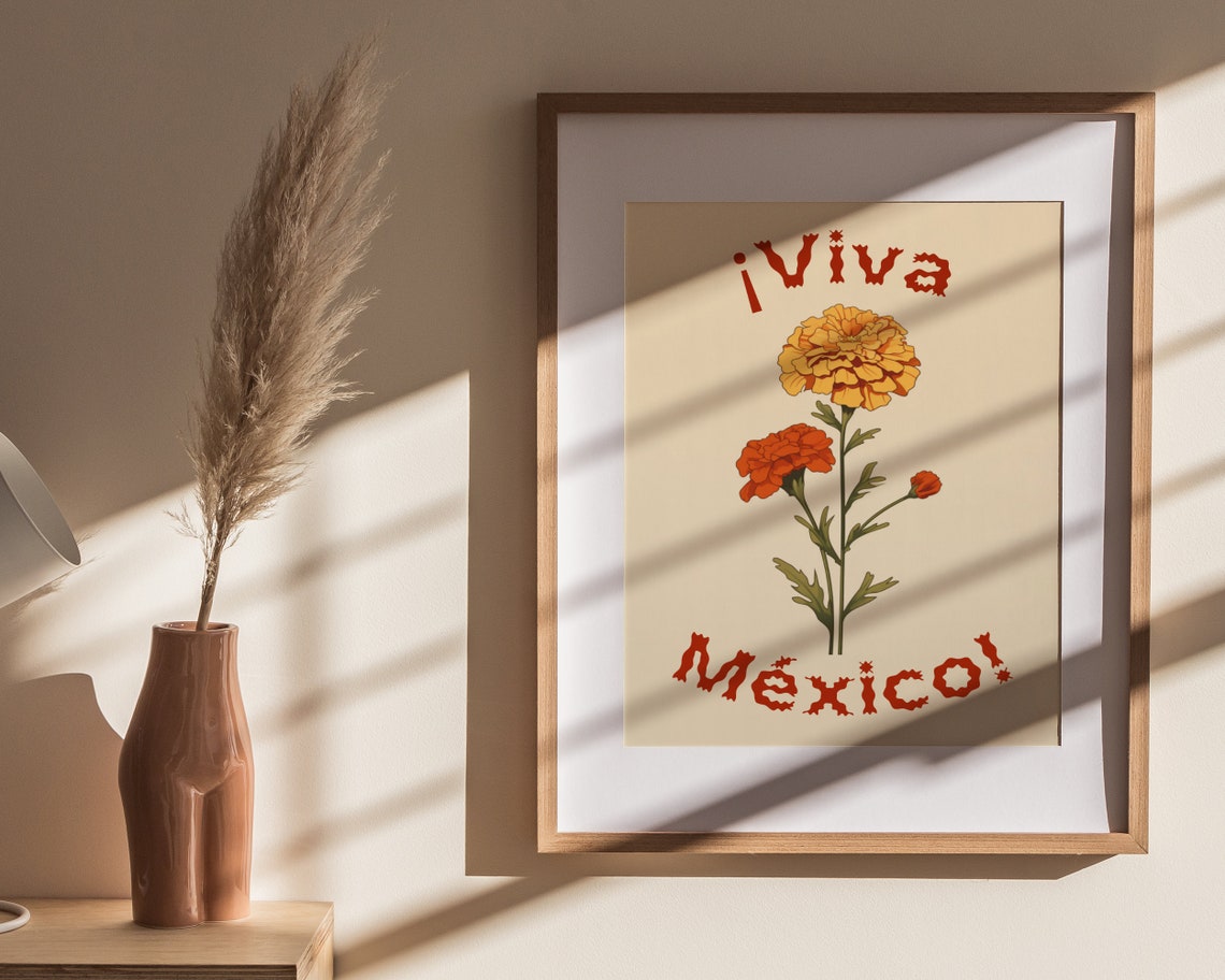 Viva Mexico Yellow Marigold Blooms Festive Mexican Art Poster - Image 4