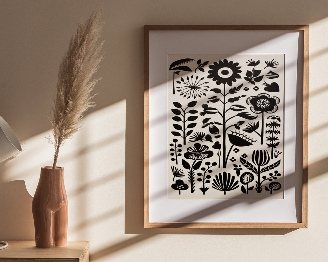 Monochrome Folk Wildflower Pattern Boho Botanical Art Poster - Image 4