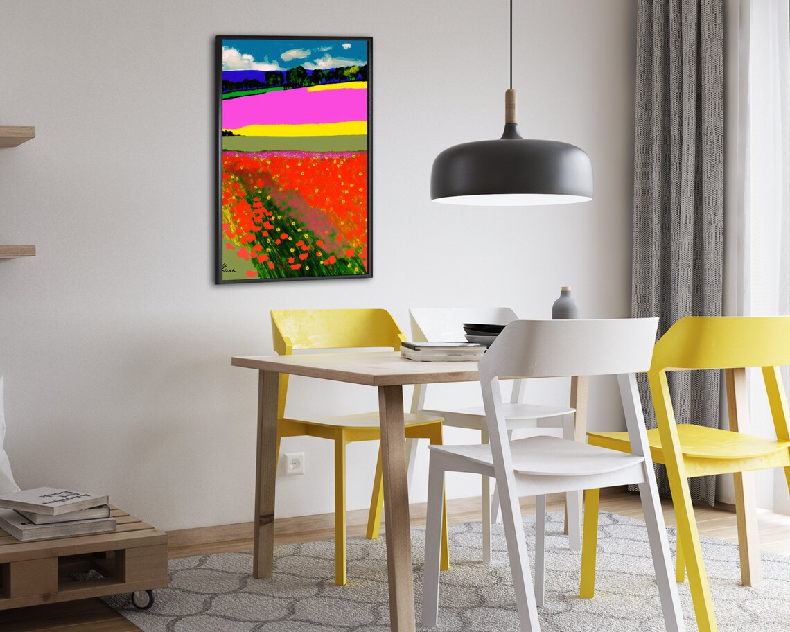 Sweeping Red Poppy Field With Colorful Bands Folk Art Poster - Image 2