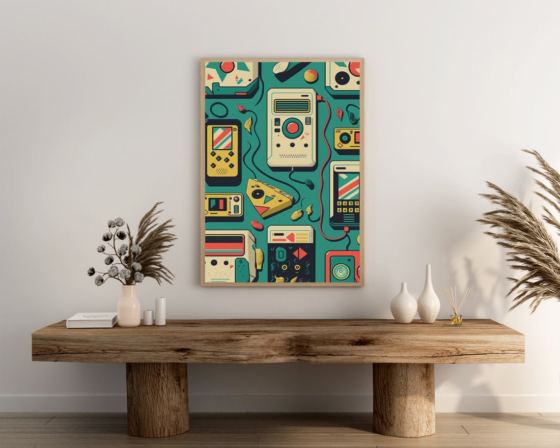 Retro Tech Collage Poster Game Consoles and Cassette Players on Teal - Image 3