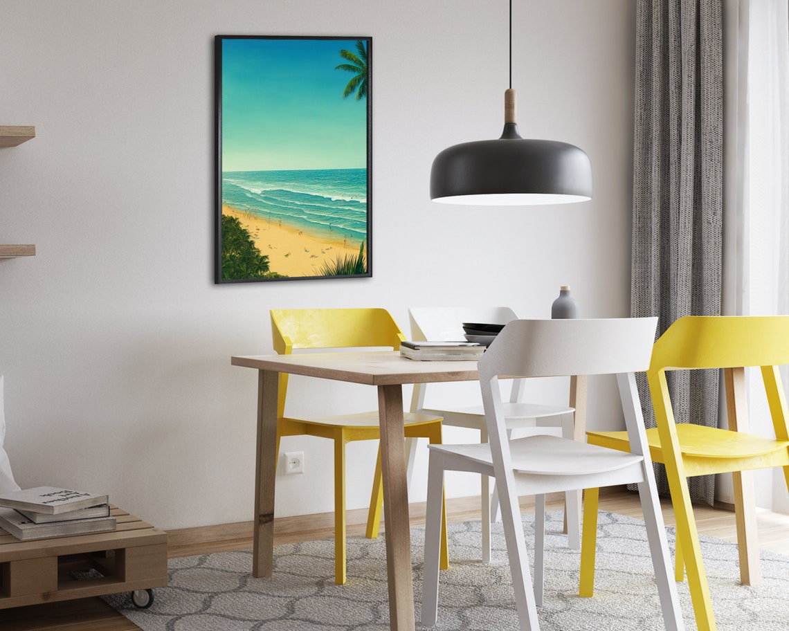 Tropical Beach With Palm Trees Swimmers And Turquoise Surf Poster - Image 2