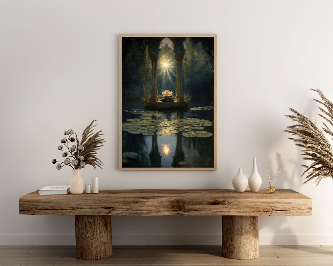 Mystical Lotus Shrine Between Ancient Columns at Dawn Poster - Image 3