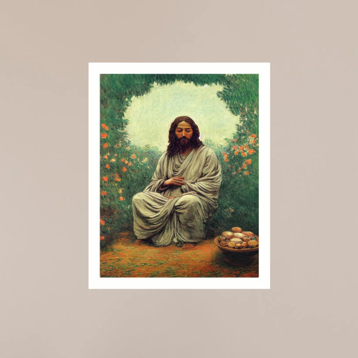 Jesus Christ Garden Flowers Peaceful Religious Oil Painting Poster - Image 3