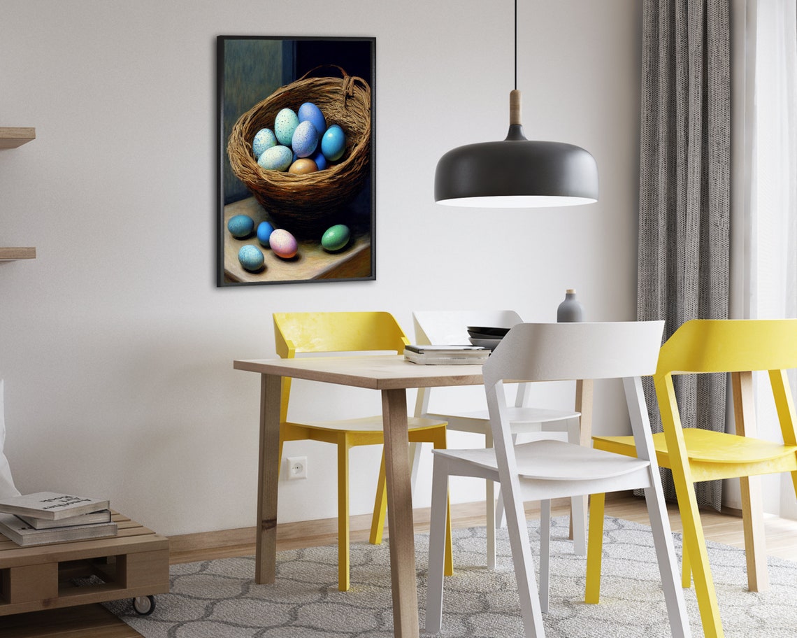 Blue Speckled Eggs in a Woven Basket Still Life Oil Painting Poster - Image 2