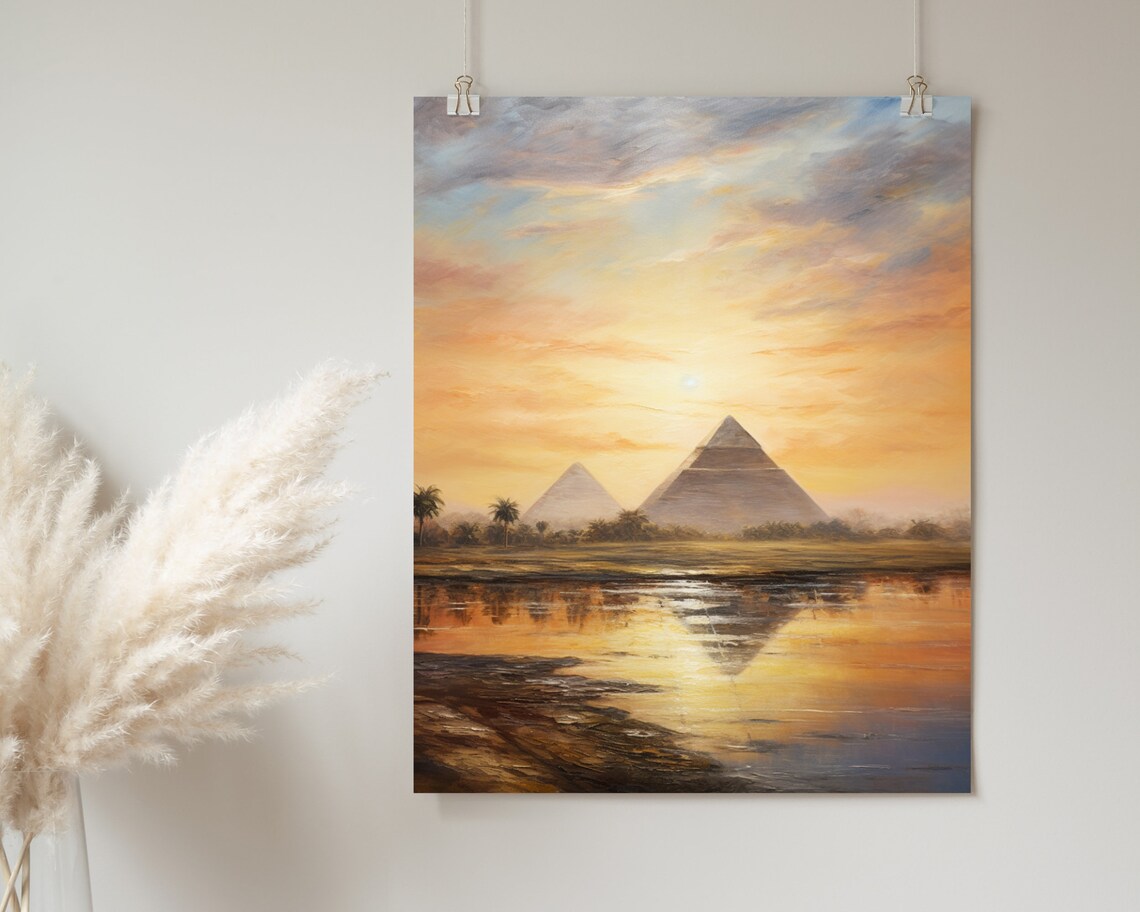 Giza Pyramids Golden Sunset Oil Painting Egypt Travel Wall Poster - Image 2