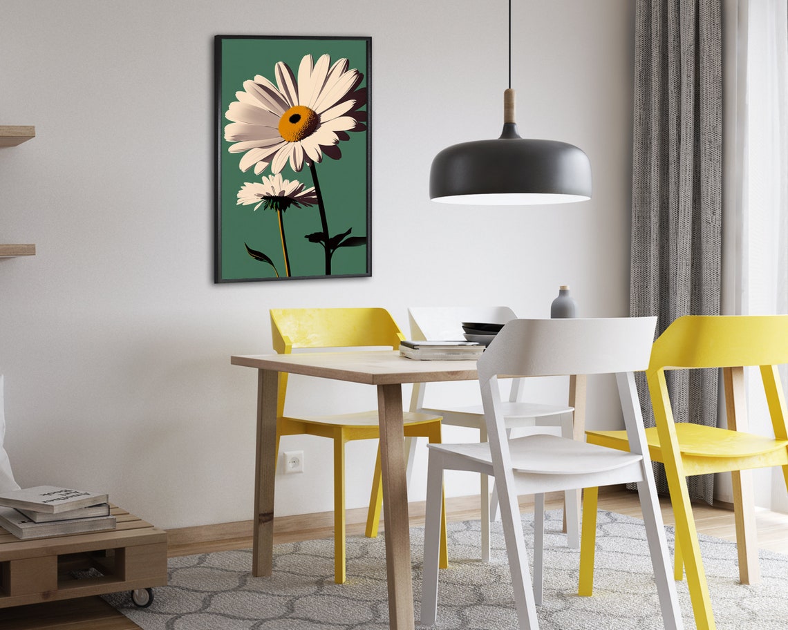 Retro White Daisy Poster Two Blossoms on Sage Green Floral Design - Image 2