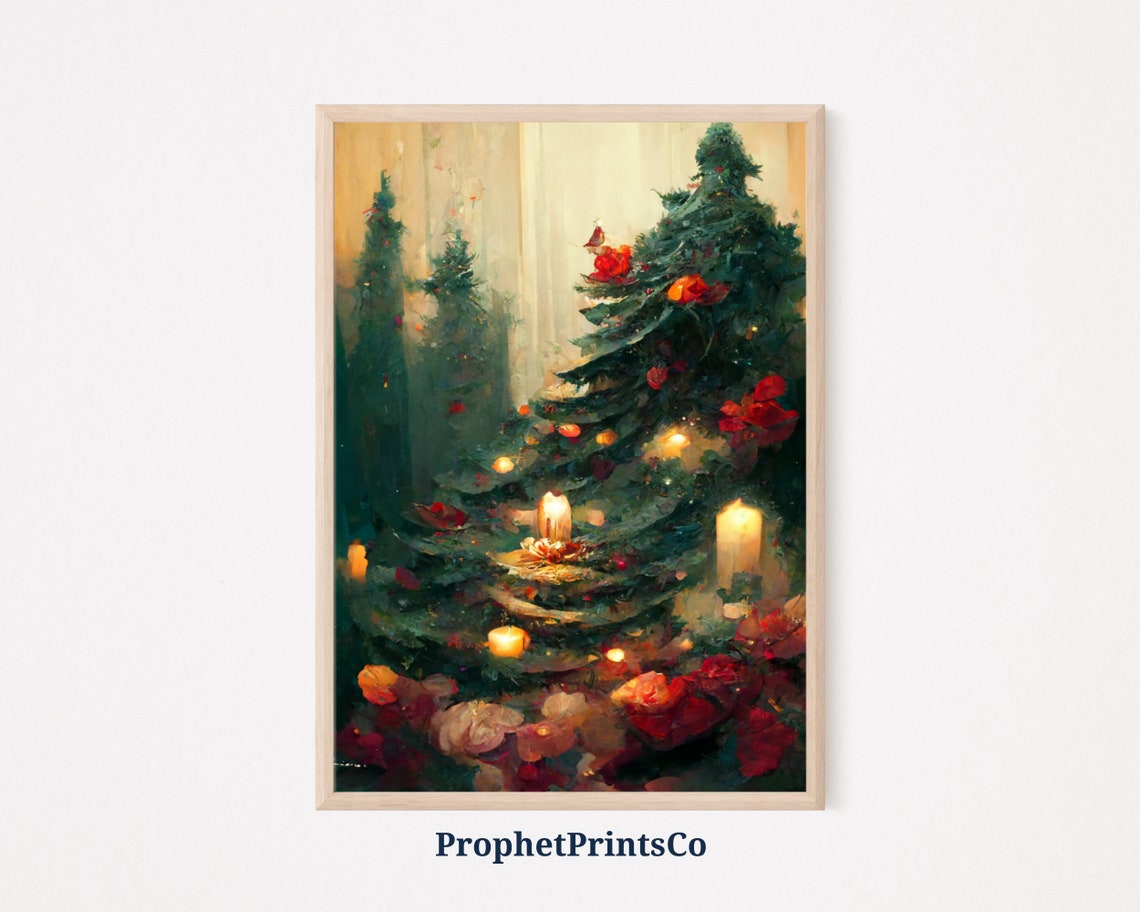 Candlelit Christmas Tree Poinsettia Glow Painterly Art Poster