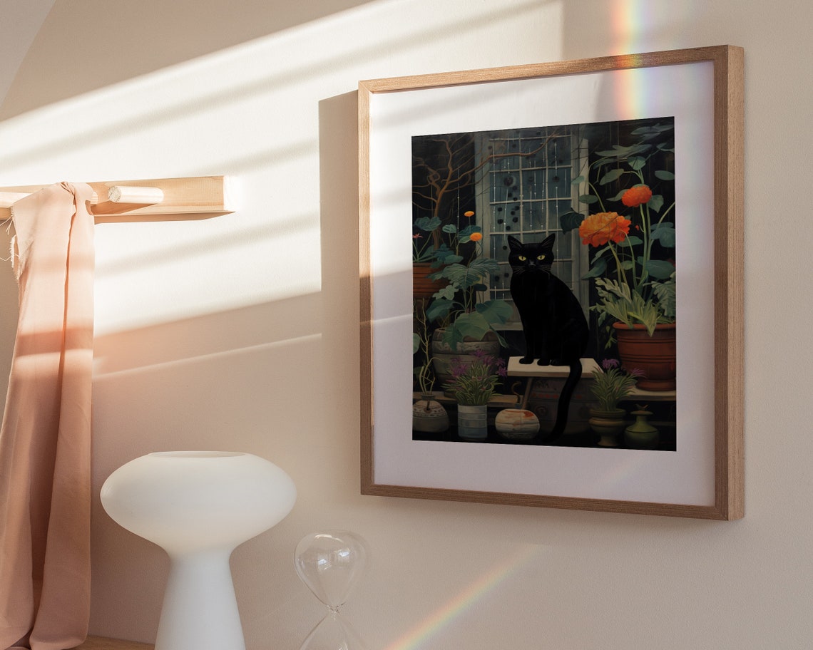 Black Cat Night Garden Rain Window Moody Botanical Art Poster - Image 3