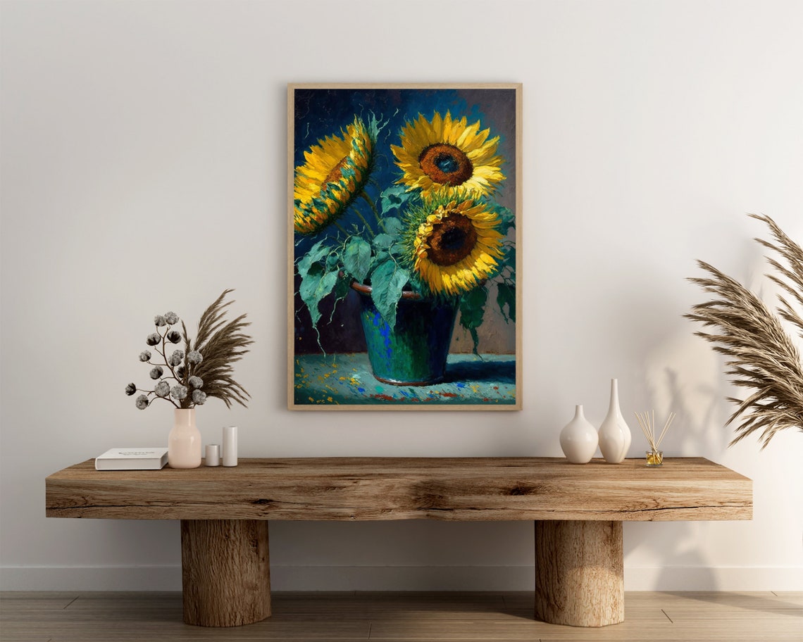 Sunflowers in Green Vase Poster Three Blooms Still Life Oil Artwork - Image 3