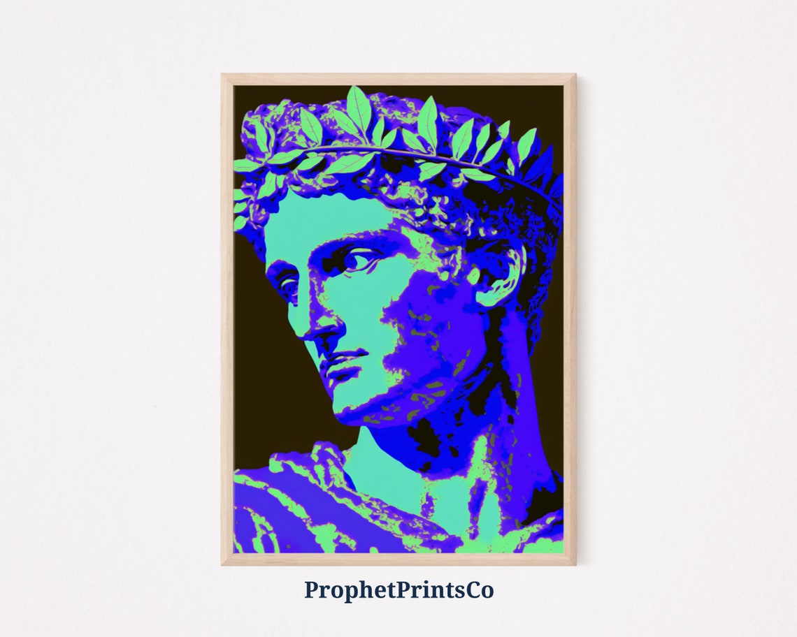Julius Caesar With Laurel Wreath In Blue Neon Pop Art Poster