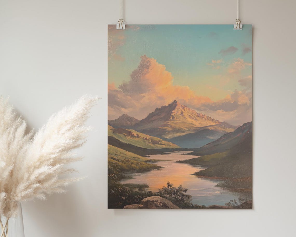 Mountain Sunset Valley Lake Teal Sky Golden Peaks Landscape Art Poster - Image 2