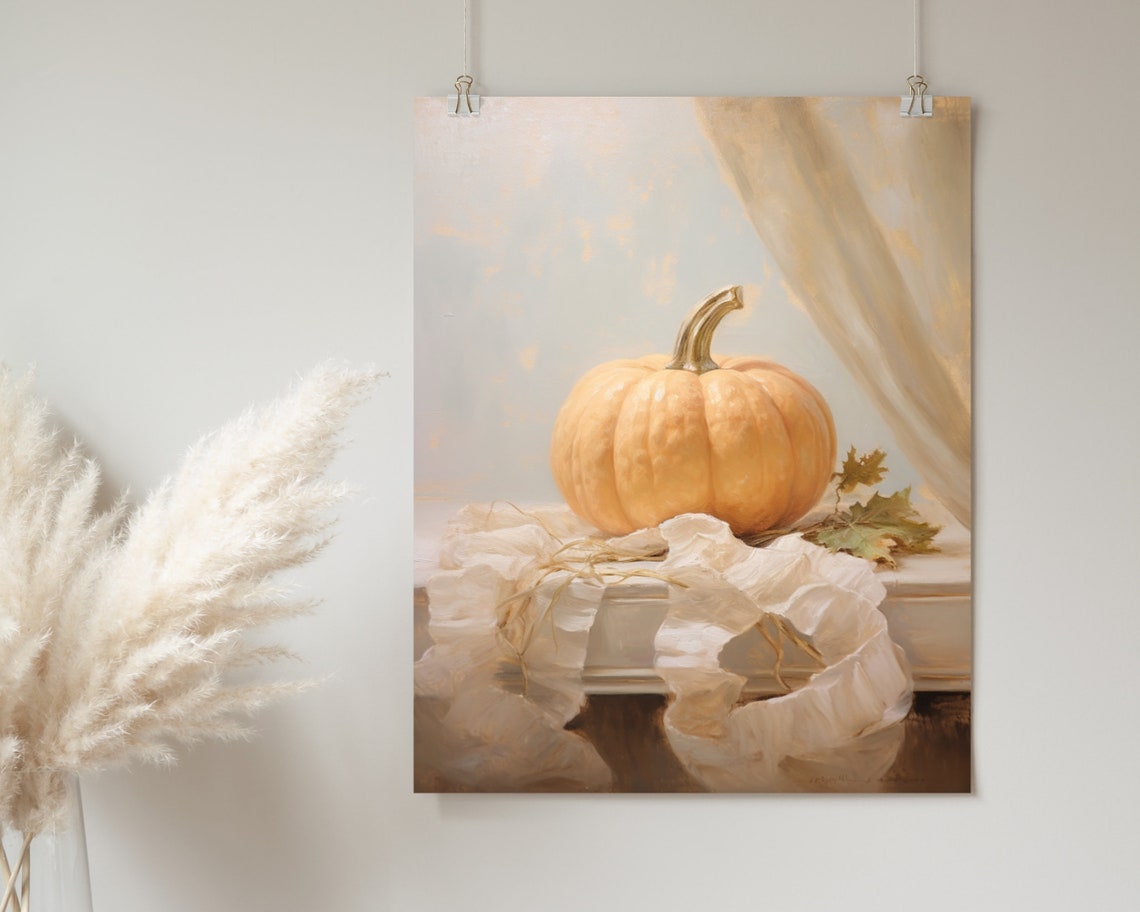 Pale Pumpkin Still Life Windowsill Rustic Autumn Harvest Art Poster - Image 2