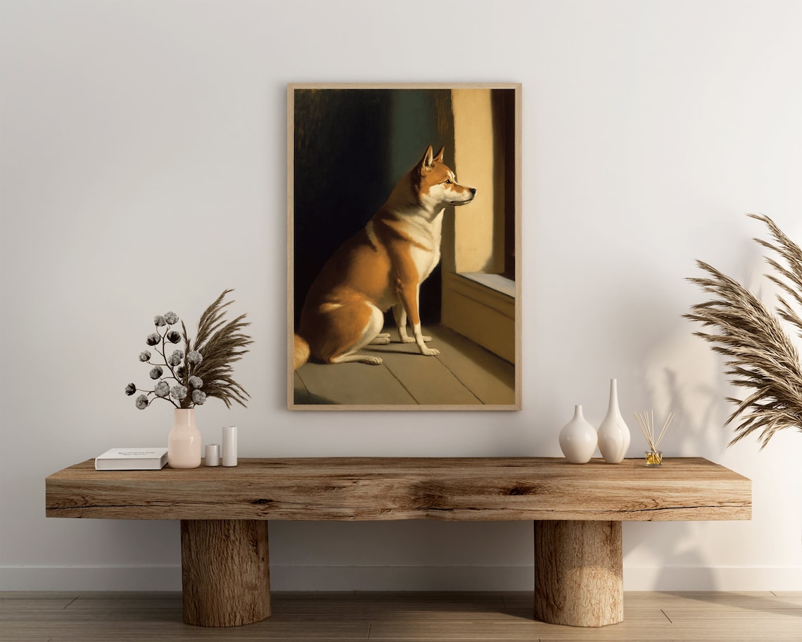 Patient Shiba Inu Resting in Warm Doorway Light Dog Portrait Poster - Image 3
