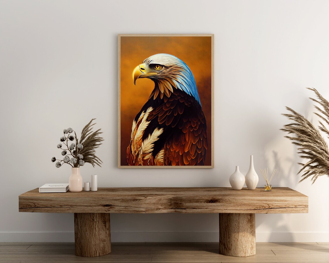 Bald Eagle Portrait Amber Background Wildlife Oil Painting Art Poster - Image 3