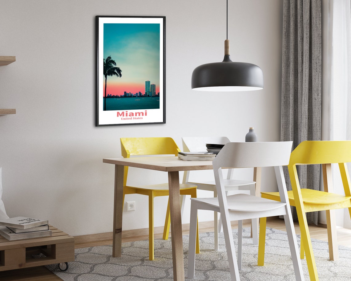 Miami United States Palm Tree Sunset Skyline Ocean Travel Art Poster - Image 2
