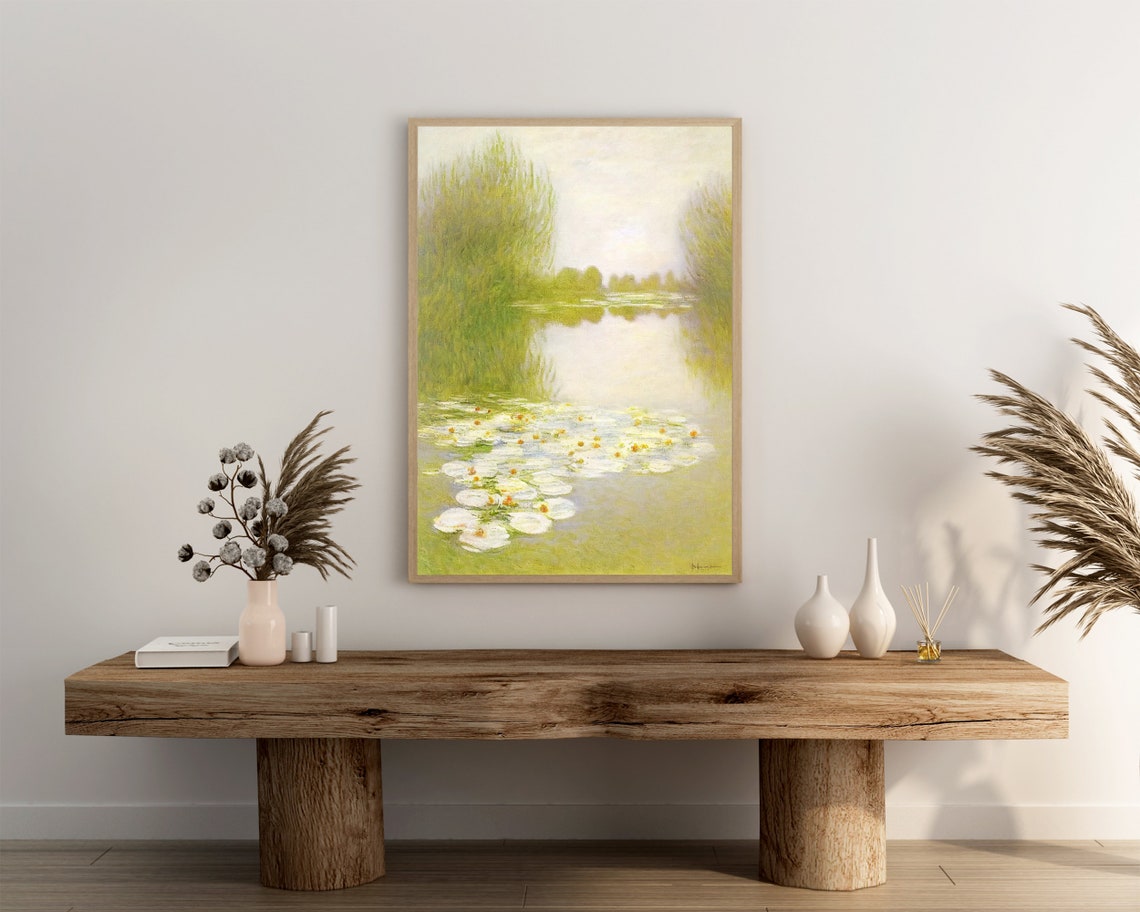 Water Lilies On Misty Pond Impressionist Floral Landscape Art Poster - Image 3