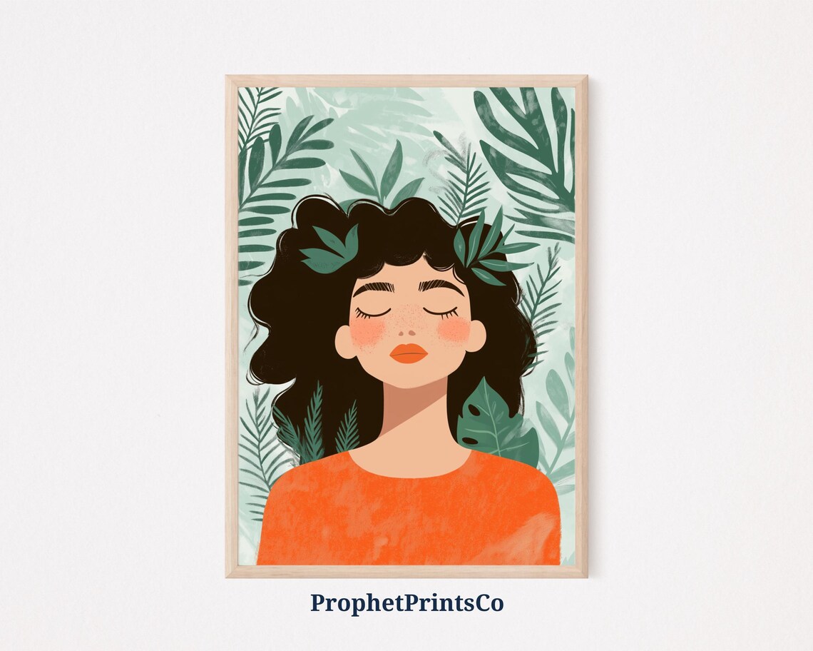 Floral Woman Portrait Curly Dark Hair Orange Top Leafy Poster