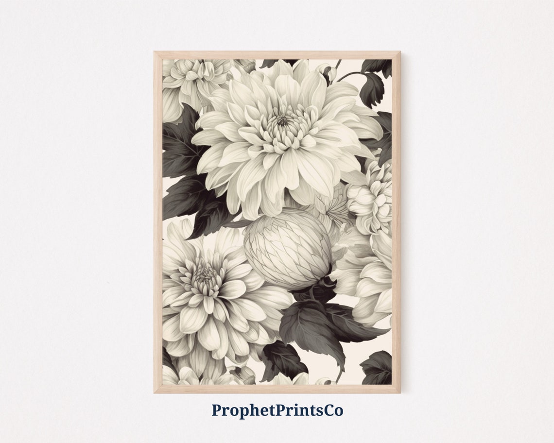 Giant White Dahlia Flowers Soft Monochrome Botanical Art Poster