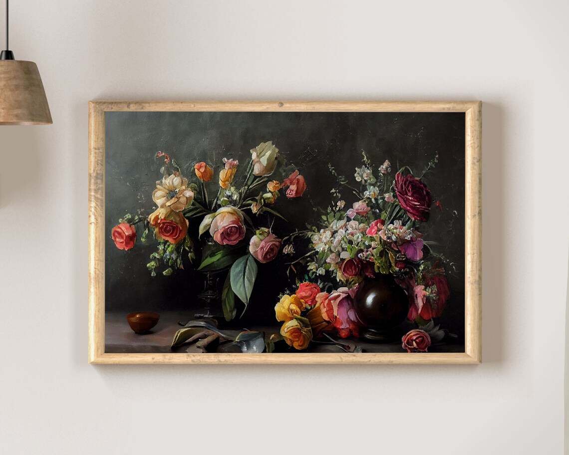Moody Vintage Rose and Dahlia Still Life with Dark Vases Poster - Image 2