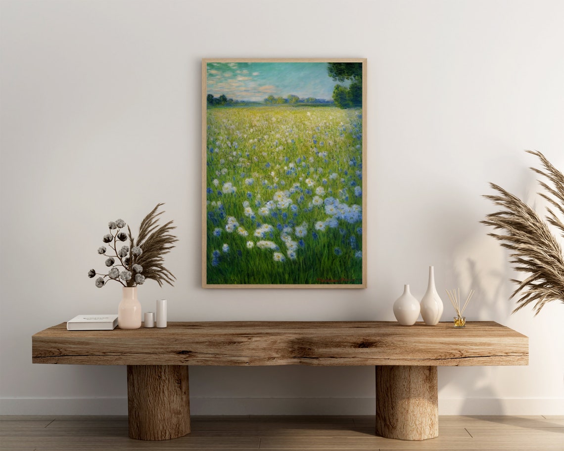 Blue and White Wildflower Meadow Impressionist Style Art Poster - Image 3
