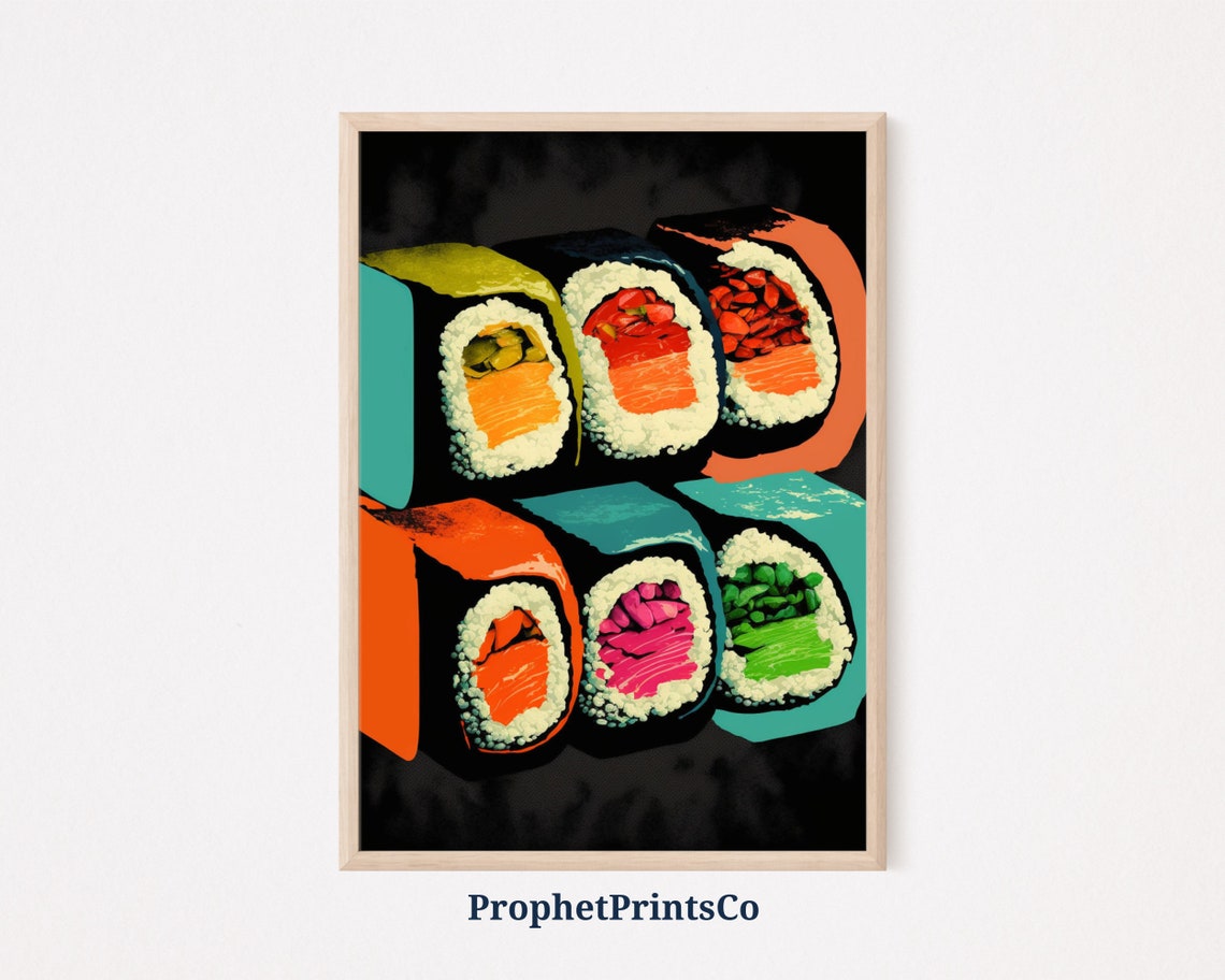 Pop Art Sushi Poster Stacked Salmon Rolls on Dramatic Black Design