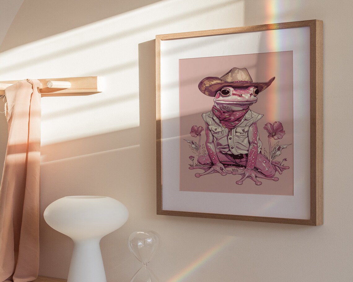 Pink Cowgirl Frog Denim Vest Western Wildflowers Funny Art Poster - Image 3