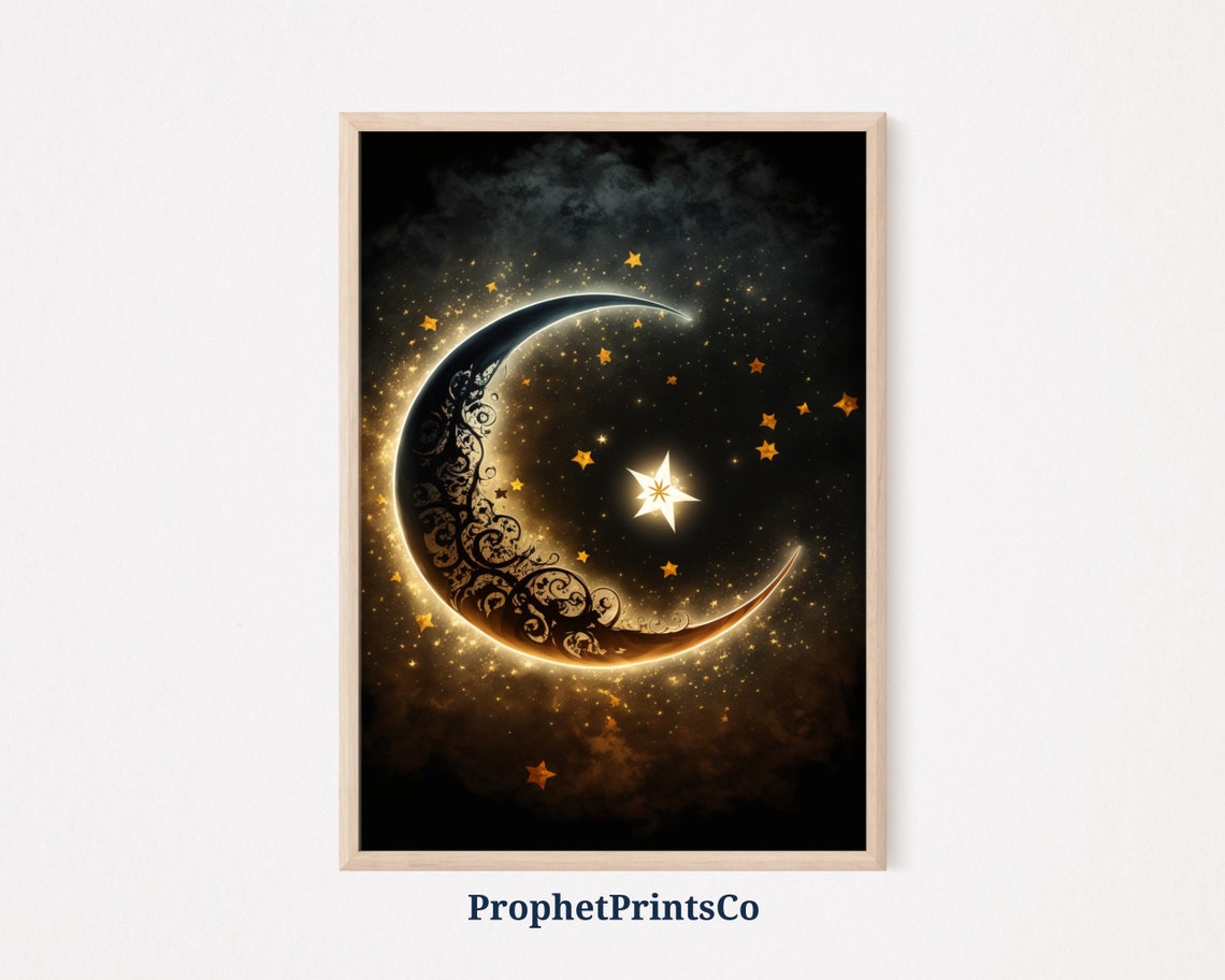 Ornate Filigree Crescent Moon With Golden Stars Night Sky Poster