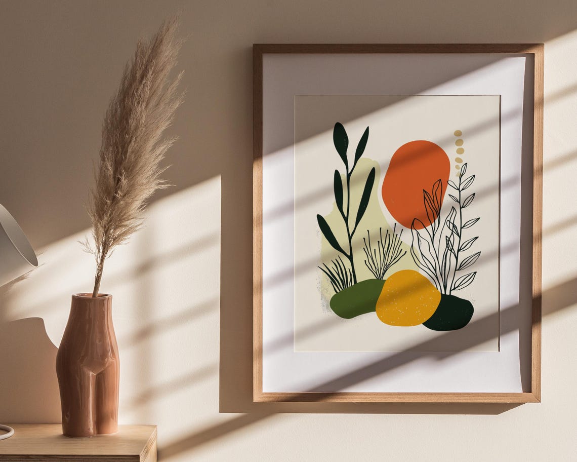 Abstract Botanical Orange Sun Circle Line Art Leaves Modern Poster - Image 4