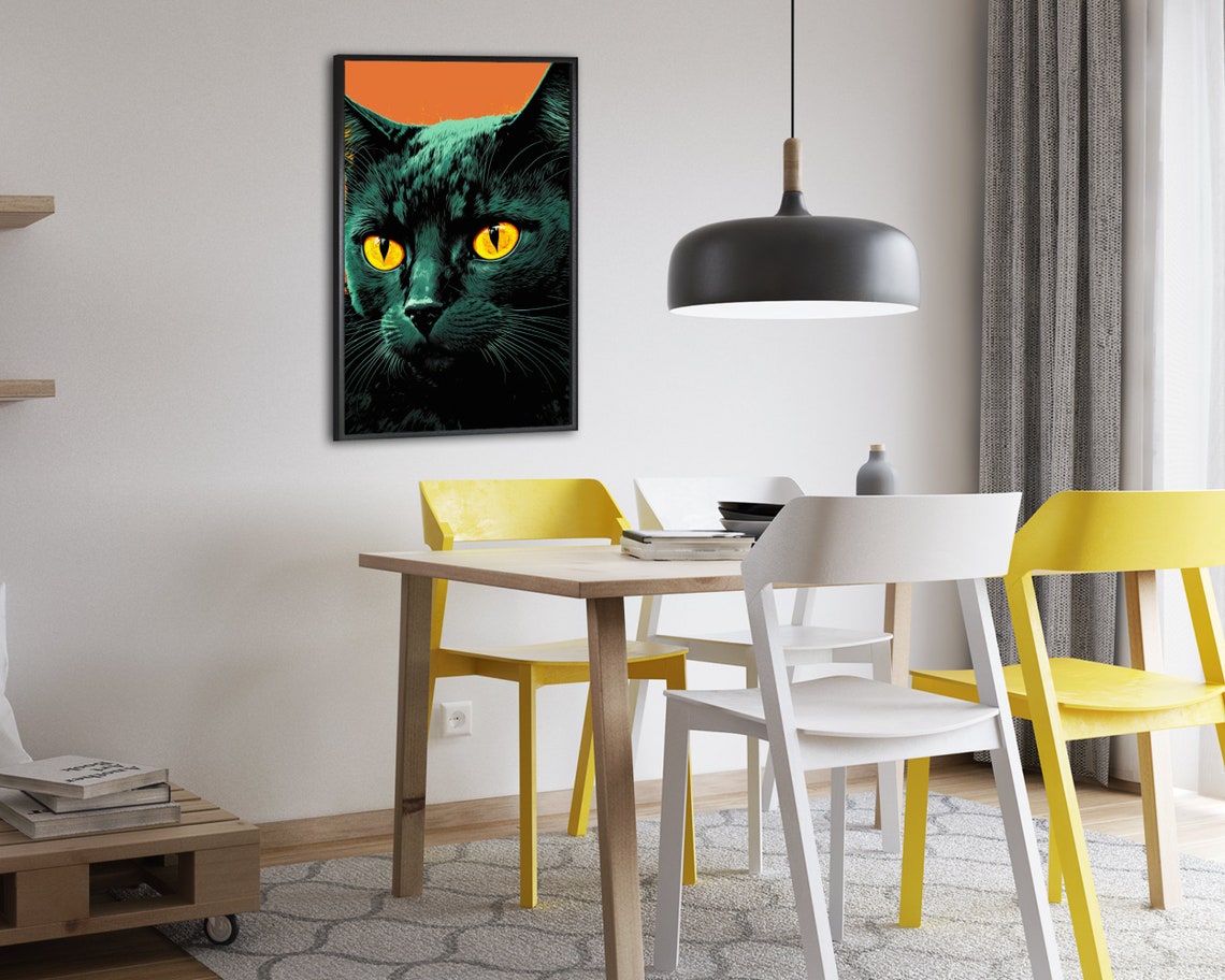 Black Cat Pop Art Poster Fierce Orange Eyes on Bold Orange Background - Image 2