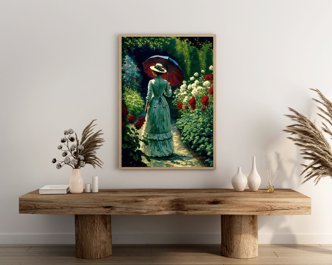 Victorian Lady With Red Parasol Strolling a Summer Rose Garden Poster - Image 3