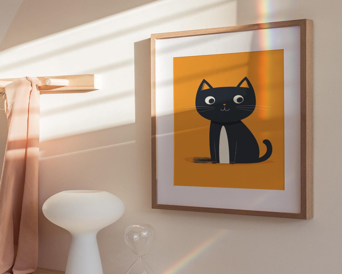 Cute Black Cat Cartoon Orange Background Playful Kids Decor Poster - Image 3