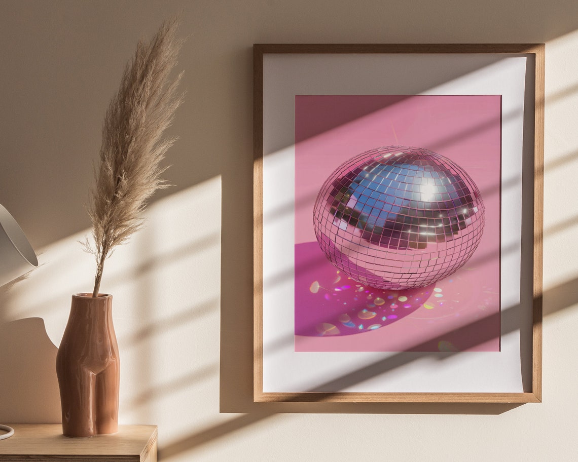 Disco Ball Sparkle Reflections Pink Background Trendy Glam Wall Poster - Image 4