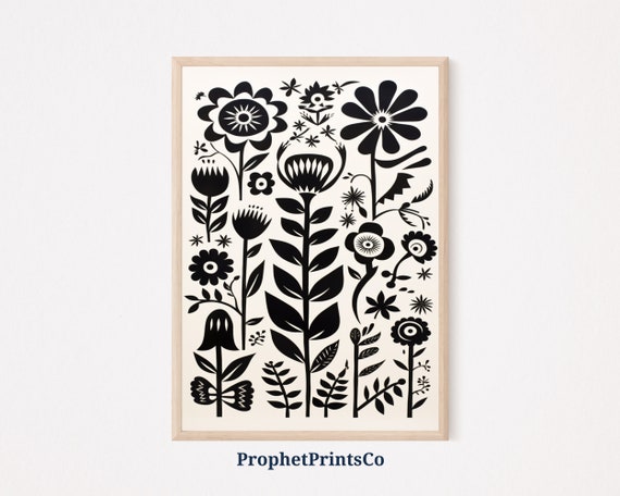 Black And White Floral Pattern Print Boho Wall Art Mid Century Print Cute Eclectic Home Dcor Wall Art