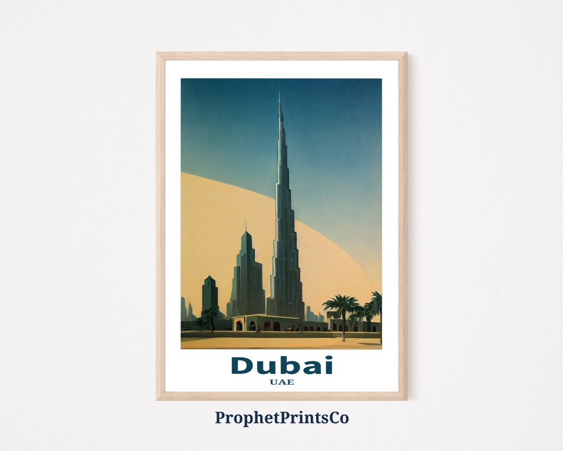 Dubai UAE Burj Khalifa Against Desert Sun Palms Retro Travel Poster