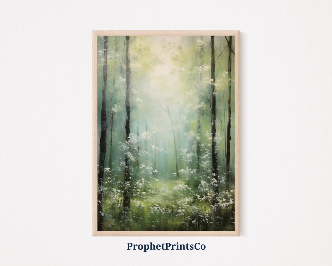 Sunlit Green Forest White Blossoms Misty Woodland Scene Poster