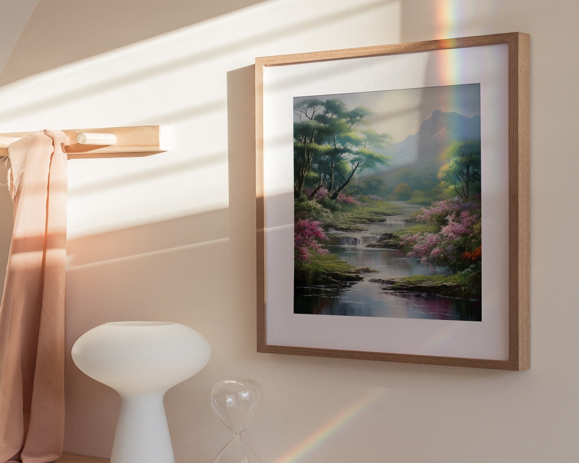 Forest Stream Waterfalls Pink Blossom Mountain Painting Poster - Image 3