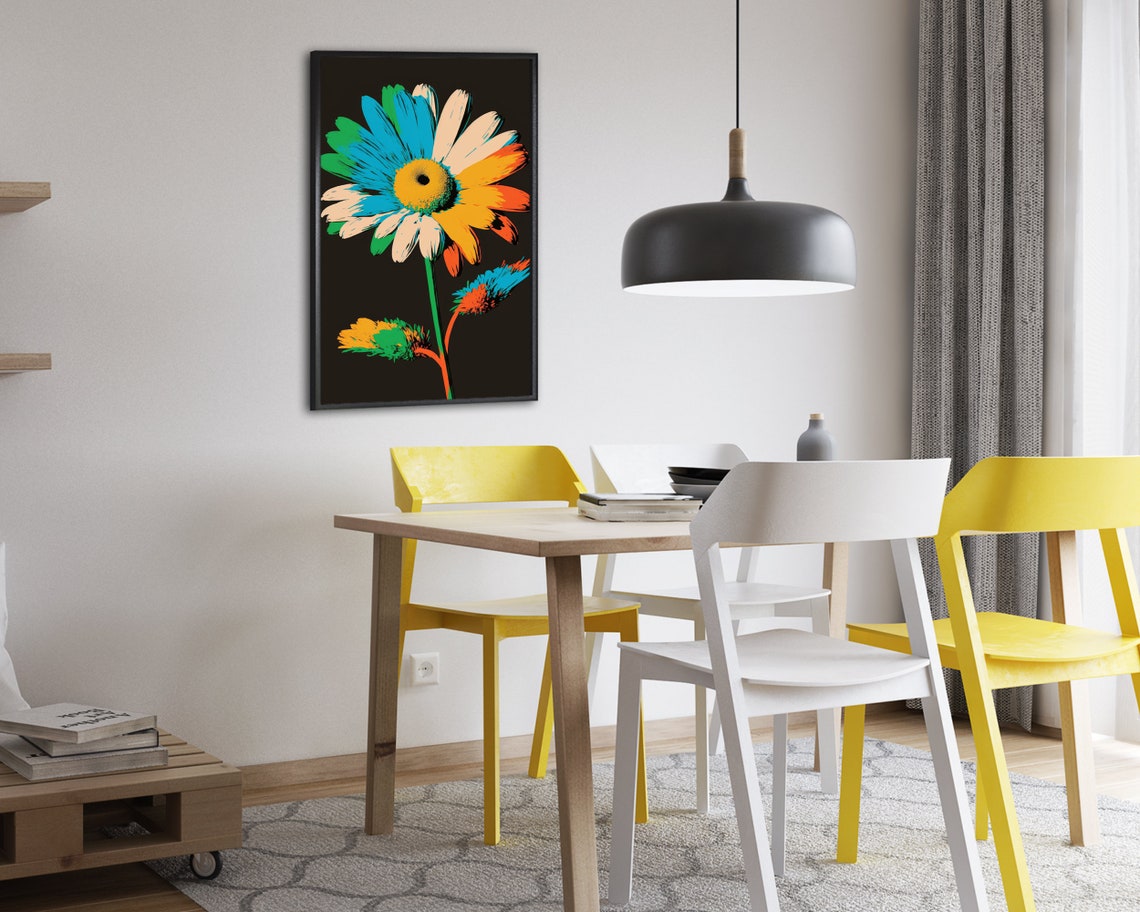 Colorful Pop Art Daisy Poster Vibrant Bloom on Dark Background - Image 2